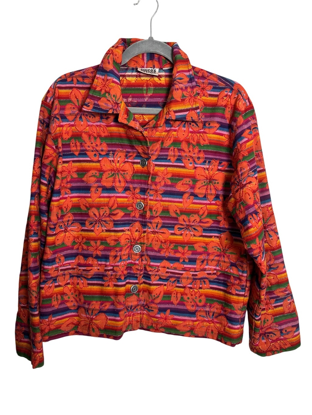 Chico's Design Bright Orange Artsy Floral Stripe Button-Front Jacket Beaded